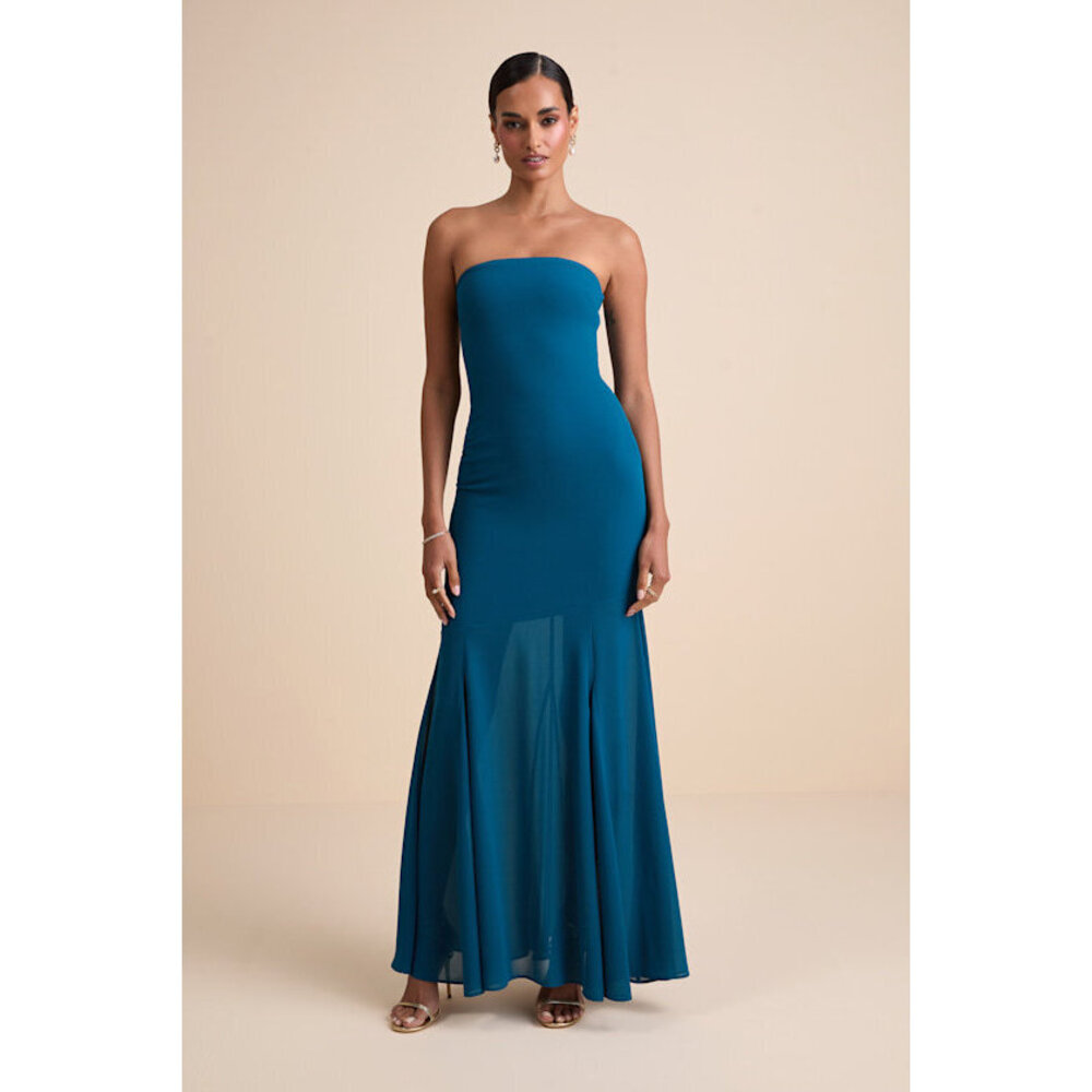 Lulus Cherette Dark Teal Strapless Maxi Dress Blue - Size M NWT